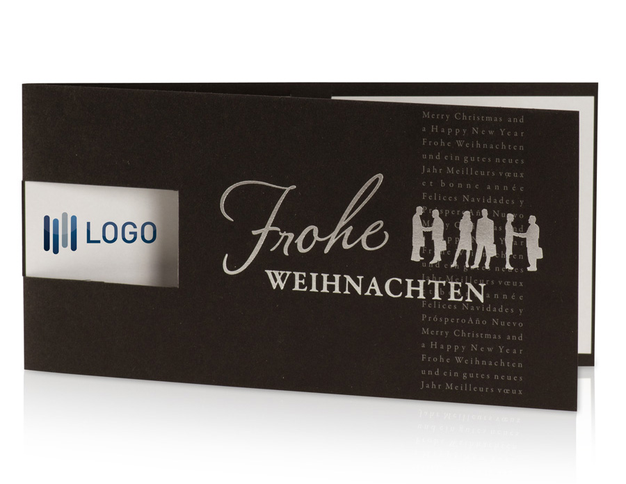 Weihnachtskarte schwarz mit Fensterstanzung & Personengruppe