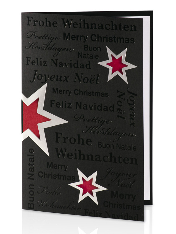 Weihnachtskarte schwarz mit silbernen Sternen - Einleger rot