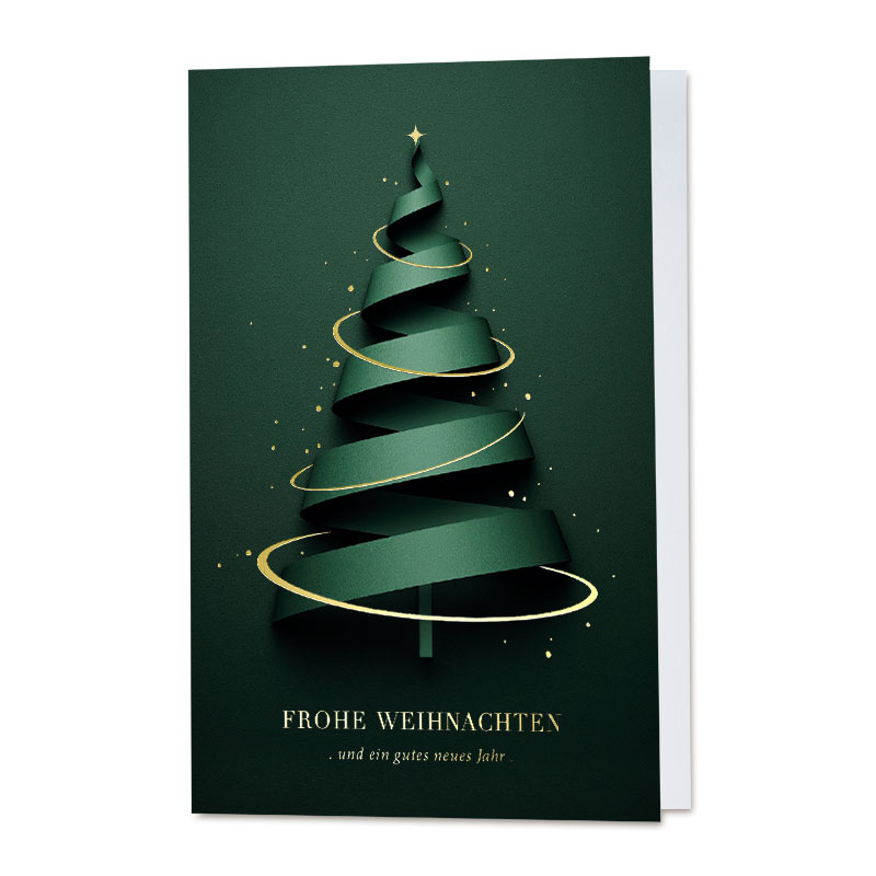 Moderne Spendenweihnachtskarte "Tannenzauber" in Grün mit Goldfolienprägung und Gutem Zweck: Herzenswünsche e.V.