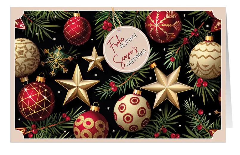 Festliche Weihnachtskarte "Tannenschmuck" mit deutsch-englischem Gruß, Kugeln und Sternen an Tannenzweigen