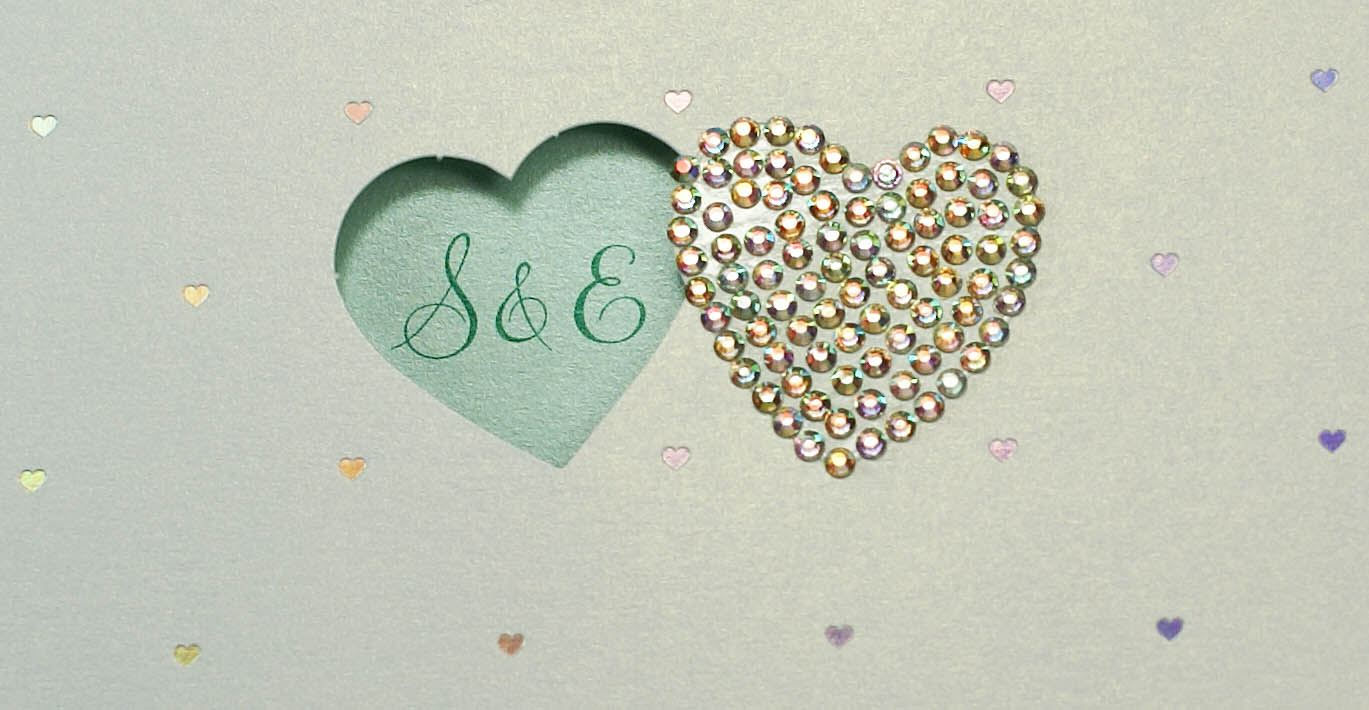 Hochzeitskarte Herz aus Strasssteinchen + silbernes Einlegeblatt