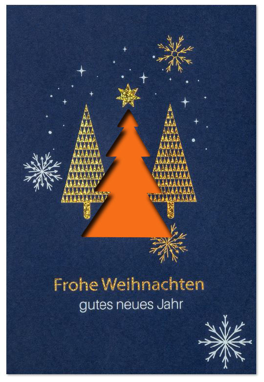 Stanz-Weihnachtskarte blau mit Weiß- und Goldfolienprägung, Motiv: Weihnachtsbäume, Eiskristalle und Gruß, Einleger orange