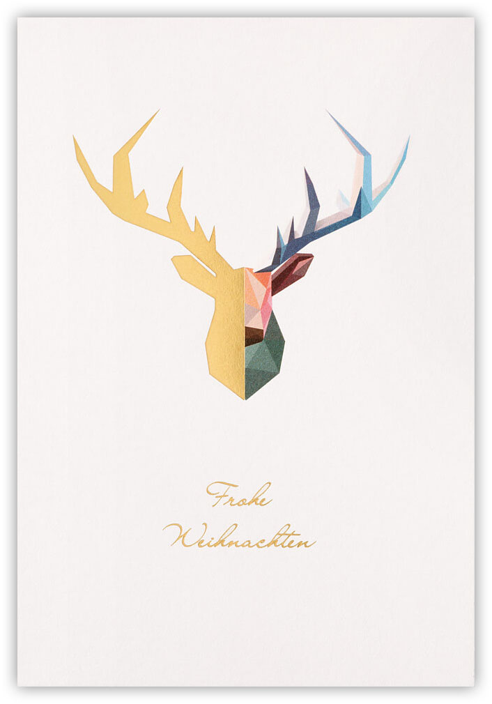 Weihnachtskarte creme mit abstraktem Rentierkopf als 3D-Konstruktion inkl. Goldfolienprägung