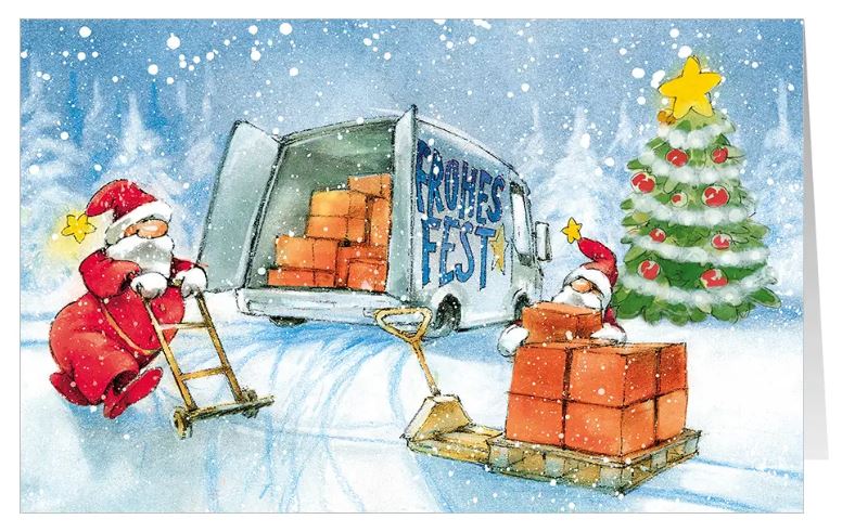 Lustige Branchenweihnachtskarte "Weihnachtlicher Kurier" mit Transporter und Weihnachtsmänner als fleißige Zusteller