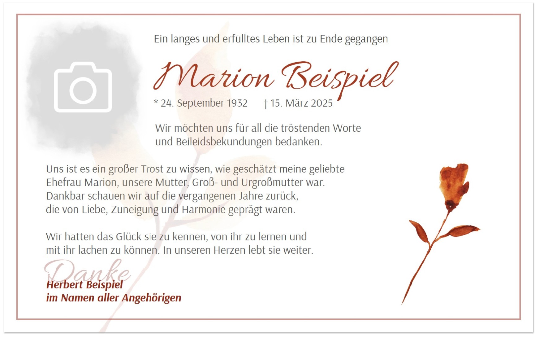 Trauer Danksagungskarte cremeweiß mit Motivdruck im herbstlichen Erdfarbton, im Beispiel Herbstlaub Zweig oder Blume.