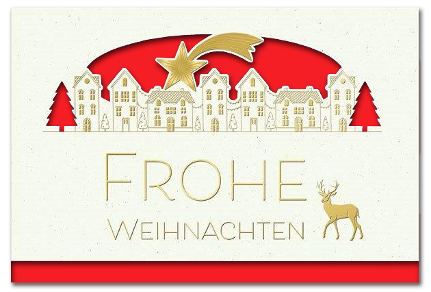 Weiße Festtagskarte "Weihnachtszauber" mit Formstanzung, Goldprägung und Einlegeblatt in rot