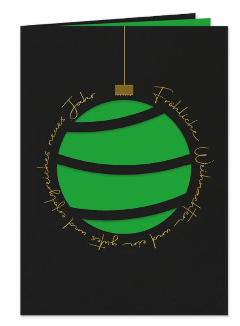 Exklusive Firmenweihnachtskarte „Moderne Stanzkugel“ in schwarz mit Goldprägung, Stanzung und grünem Einlegeblatt