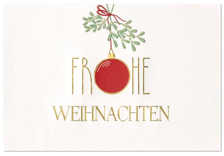 Weiße Weihnachtskarte "Glanzvolle Kugel" mit Goldfolienrpägung, Weihnachtskugel und Mistelzweig