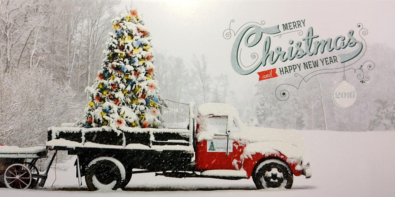 Weihnachtskarte mit rotem Truck inkl. Weihnachtsbaum Glitzerlack