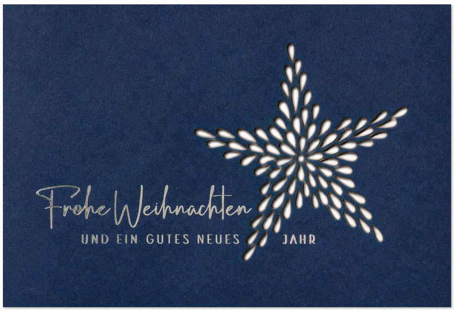 Blaue Laser-Weihnachtskarte mit silberner Prägung und filigraner Laserstanzung eines Sternes, Einleger weiß