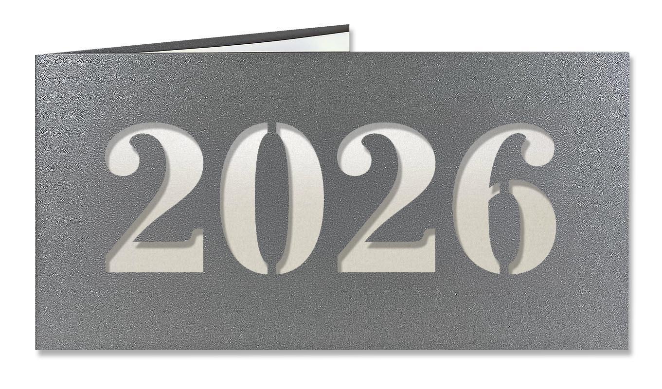 Metallic-Neujahrskarte dunkelgrau mit Laserstanzung 2026 und permuttfarbenem Einlegeblatt