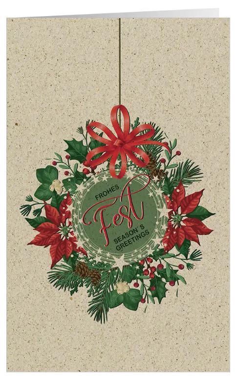 Traditionelle Weihnachtskarte aus Graspapier "Natürlicher Kranz" mit deutsch-englischem Weihnachtsgruß