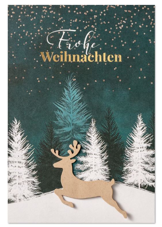 Festliche Weihnachtskarte "Zauberwald" mit aufgeklebtem Hirsch, Tannenwald und weihnachtlichen Grüßen