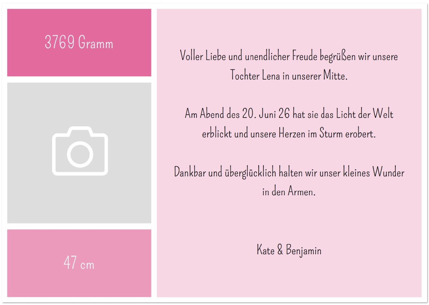 Personalisierbare Geburt-Anzeigekarte mit eigenen Fotos individuell zu gestalten. Beispiel in Farbschema rosa - pink