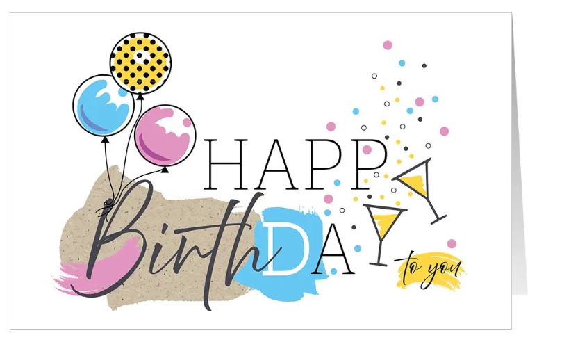 Heitere Glückwunschkarte zum Geburtstag "Hoch die Gläser!" mit bunten Luftballons und Cocktailgläser