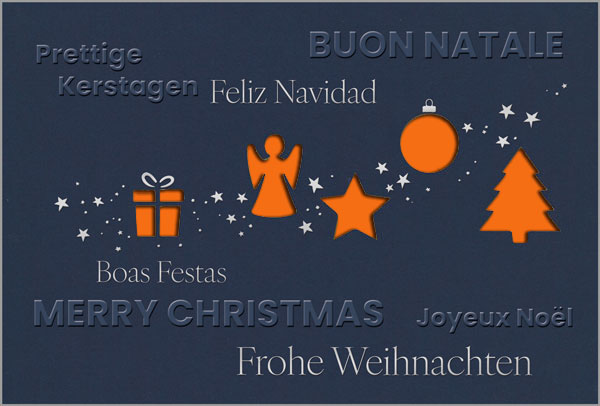 Weihnachts-Grußkarte in blau mit mehrsprachigen Grüßen und Formstanzung, Einleger orange