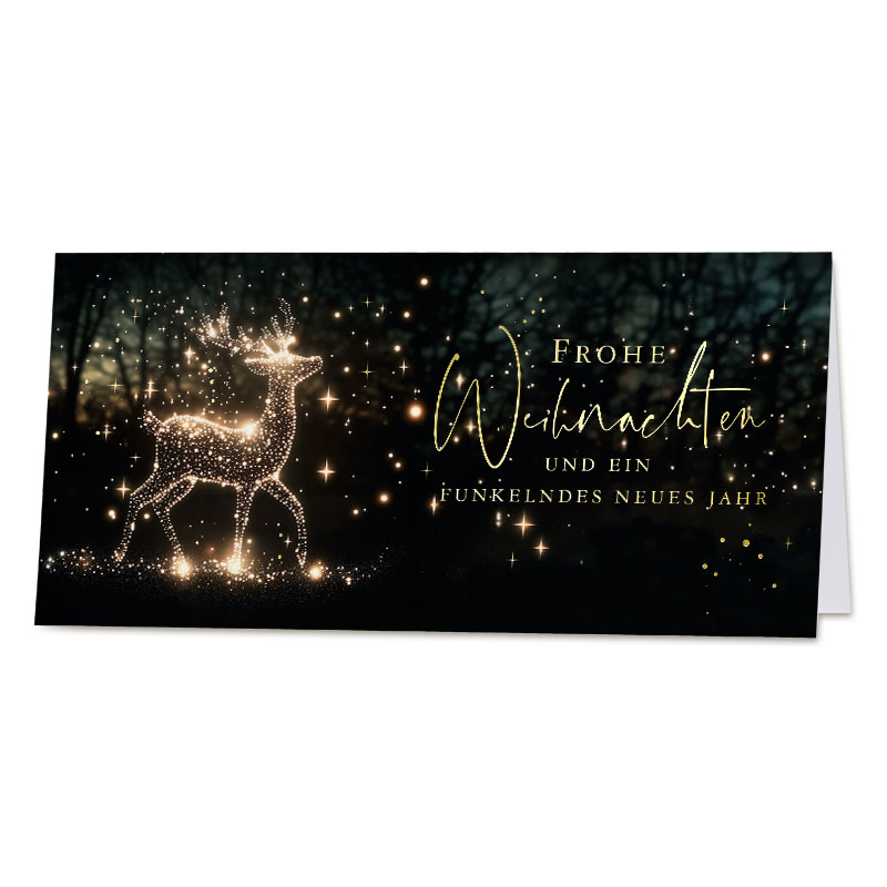 Funkelnde Weihnachtskarte mit goldenem Hirsch im glanzvollen Licht und Weihnachtsgruß in Goldprägung, DIN lang