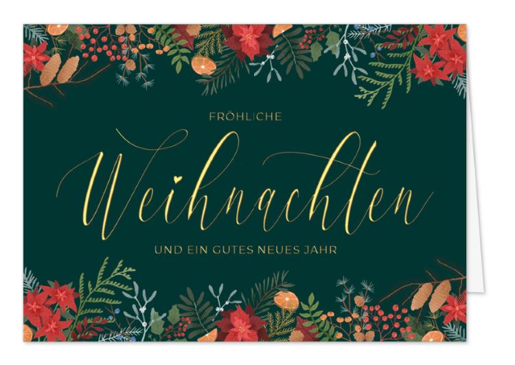 Dunkelgrüne Weihnachtskarte mit buntem Blumenrand und goldenem Weihnachtsgruß