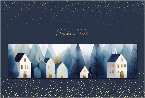 Dunkelblaue Weihnachtskarte "Winterliches Dorf" mit eingestecktem Lesezeichen und Goldfolienprägung, inkl. Einleger