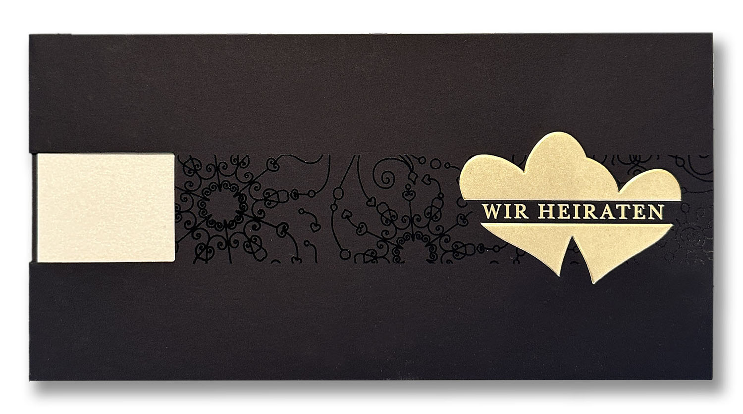 Elegante Hochzeitseinladung in nachtblau mit "Wir heiraten" und Herzen in Goldfolienprägung
