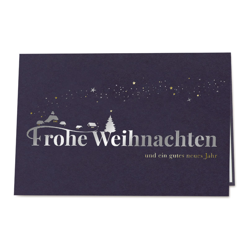 Festliche Weihnachtskarte in blau mit Häusern, Tannen, Sternen und Weihnachtsgruß inkl. Falteinlegeblatt innen