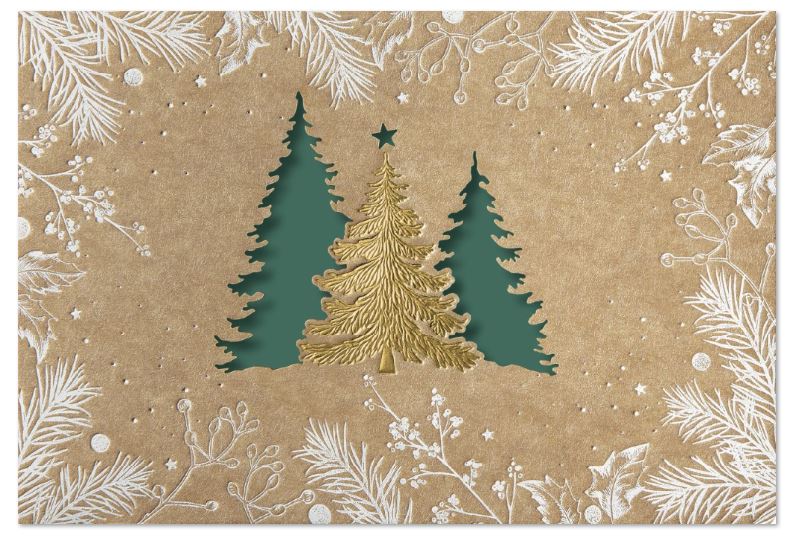 Naturbraune Weihnachtskarte "Goldene Tanne" mit Stanzung, Folienprägung und floralem Druck, Einleger dunkelgrün