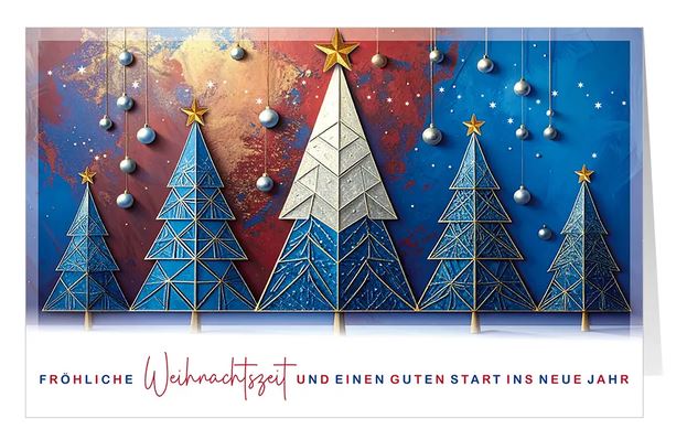 Moderne Weihnachtsgrußkarte "Bäumchendesign" mit geometrisch gestalteten Tannenbäumen und Kugeln