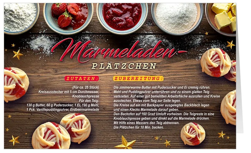 Rezept-Weihnachtskarte "Winter Nascherei" mit Zutatenliste und Zubereitung für leckere Marmeladen-Plätzchen