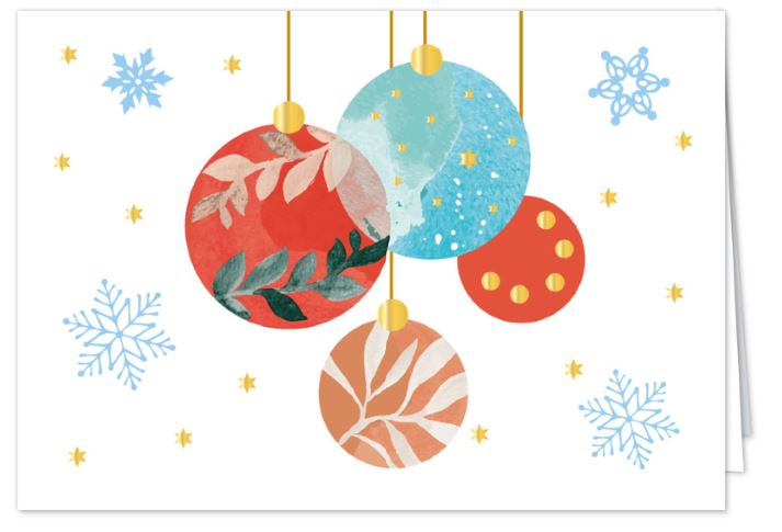 Weihnachtliche Grußkarte mit bunten Weihnachtskugeln und Eiskristallen, ohne Gruß, inkl. Einlegeblatt weiß