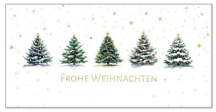 Weihnachtskarte "Verschneiter Tannenzauber" DIN lang mit Goldfolienprägung im klassischen Stil, inkl. Einlegeblatt