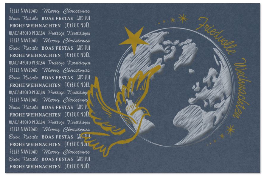 Dunkelblaue Weihnachtskarte mit Goldfolienprägung, internationalen Grüßen und Friedensbotschaft