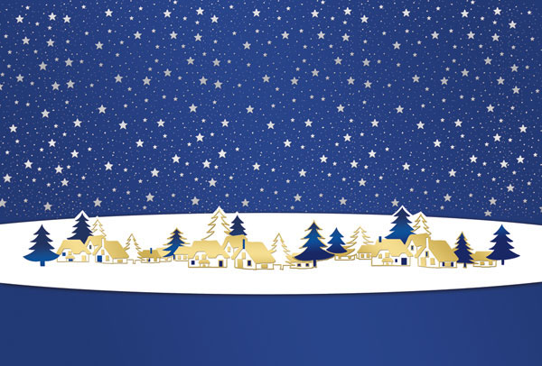 Weihnachtskarte blau mit Sternenhimmel und Dorf auf Banderole