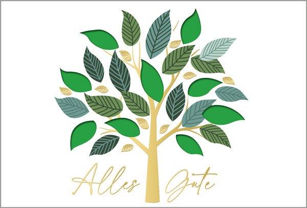 Weiße Glückwunschkarte "Lebensbaum" mit Stanzung, Goldfolienprägung und Einlegeblatt in grün