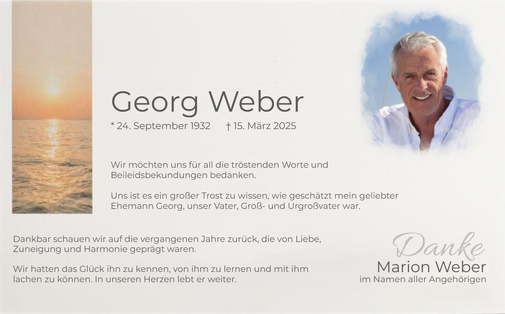 Cremeweiße Trauer-Dankkarte mit Motiv Sonnenuntergang im Meer