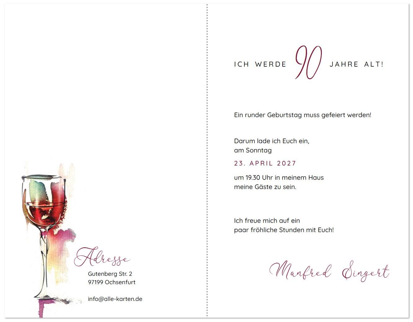Stilvolle Einladungskarte zum 90. Geburtstag mit Weinglas im Aquarellstil