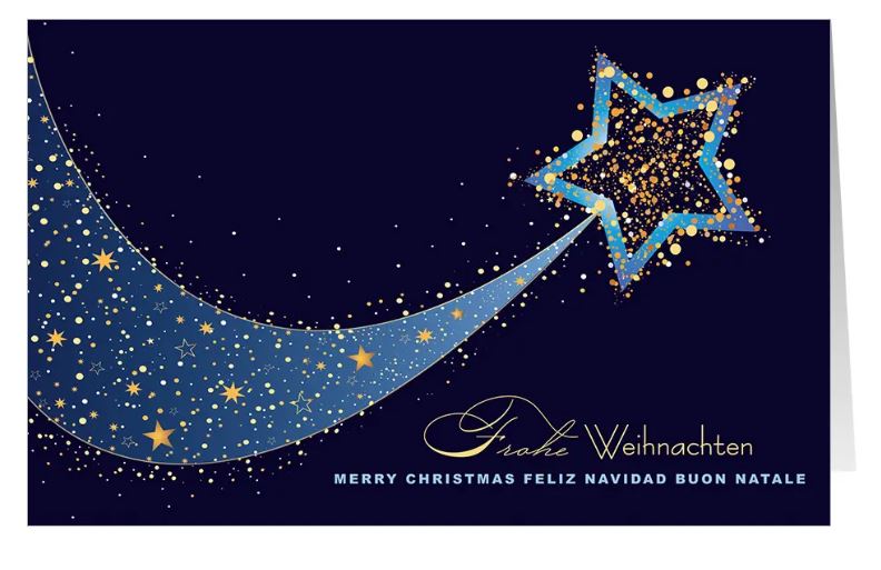 Glamouröse Spendenkarte für Ärzte ohne Grenzen "Sternenzauber" mit internationalen Weihnachtsgrüßen