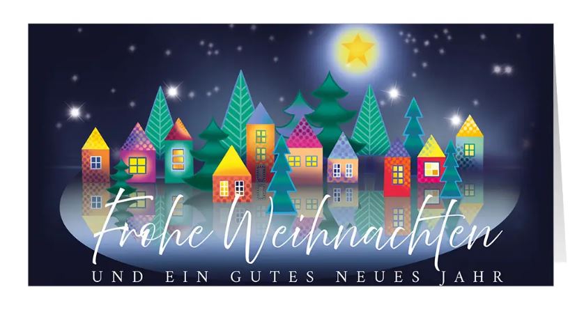 Zauberhafte Weihnachtskarte "Farbenfroh" mit bunten Häusern, leuchtendem Stern und Weihnachtsgruß, DIN lang