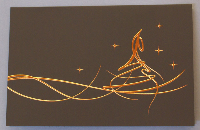 Weihnachtskarte dunkelbraun mit kuperfarbener Relief-Folienprägung und Einlegeblatt