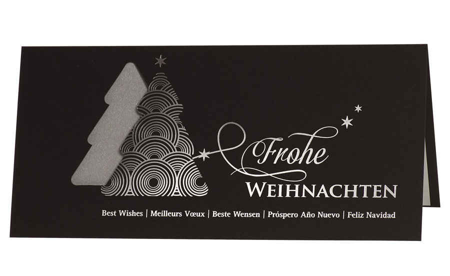 Weihnachtskarte schwarz mit Weihanchtsbäumen Frohe Weihnachten