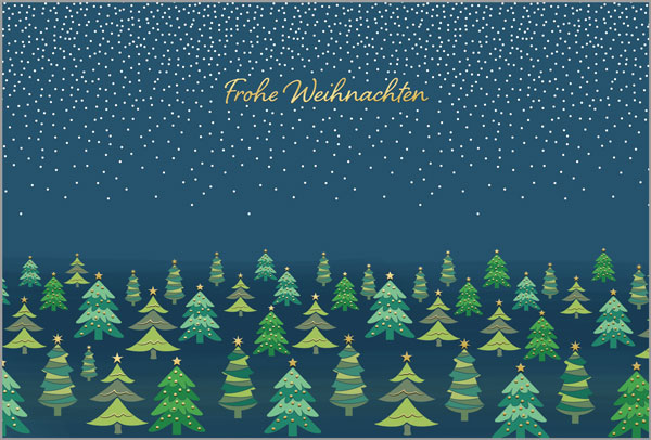 Weihnachtskarte "Sternenwald" mit goldgeprägtem Weihnachtsgruß und Tannen unter blauem Sternenhimmel