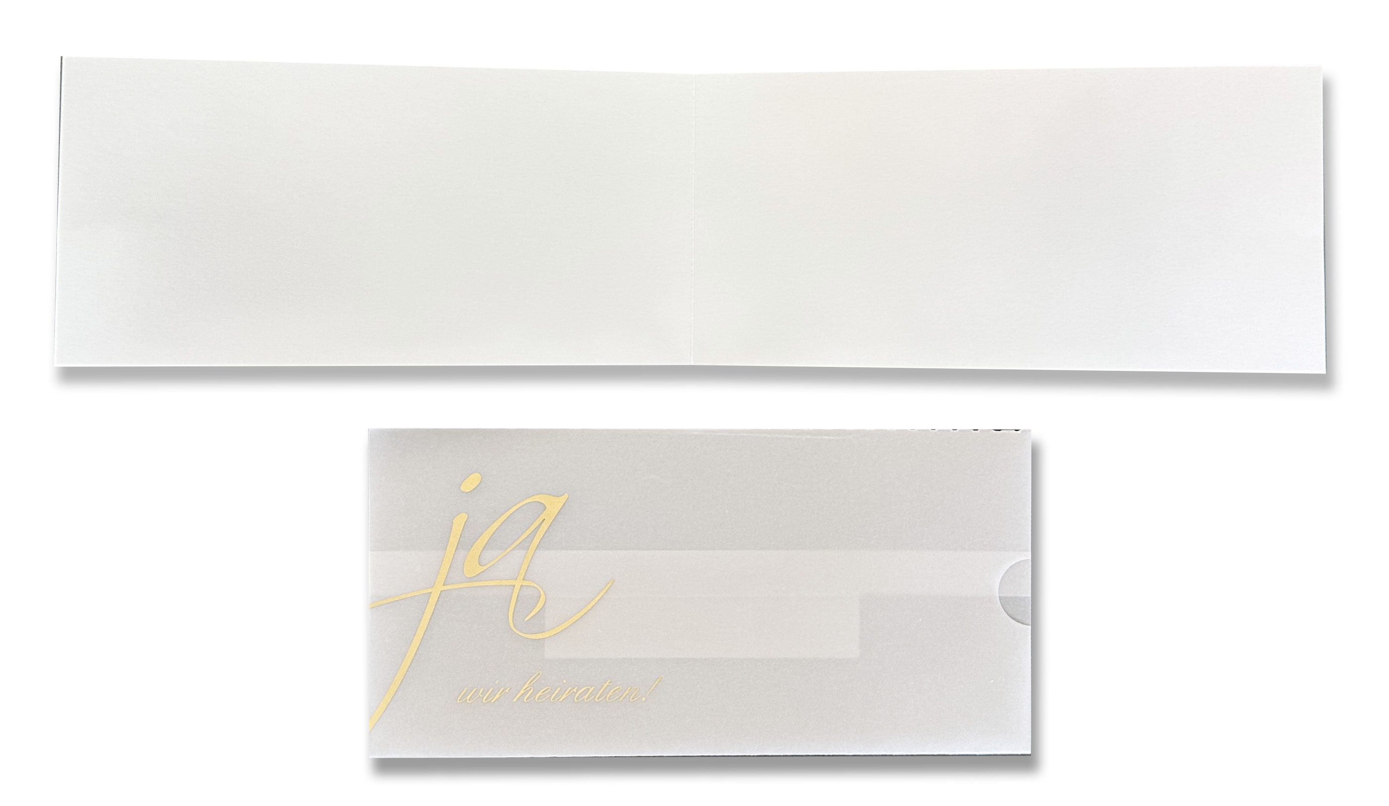 Einladungskarte zur Hochzeit als Schiebekarte mit Goldfolienprägung "Ja wir heiraten!"
