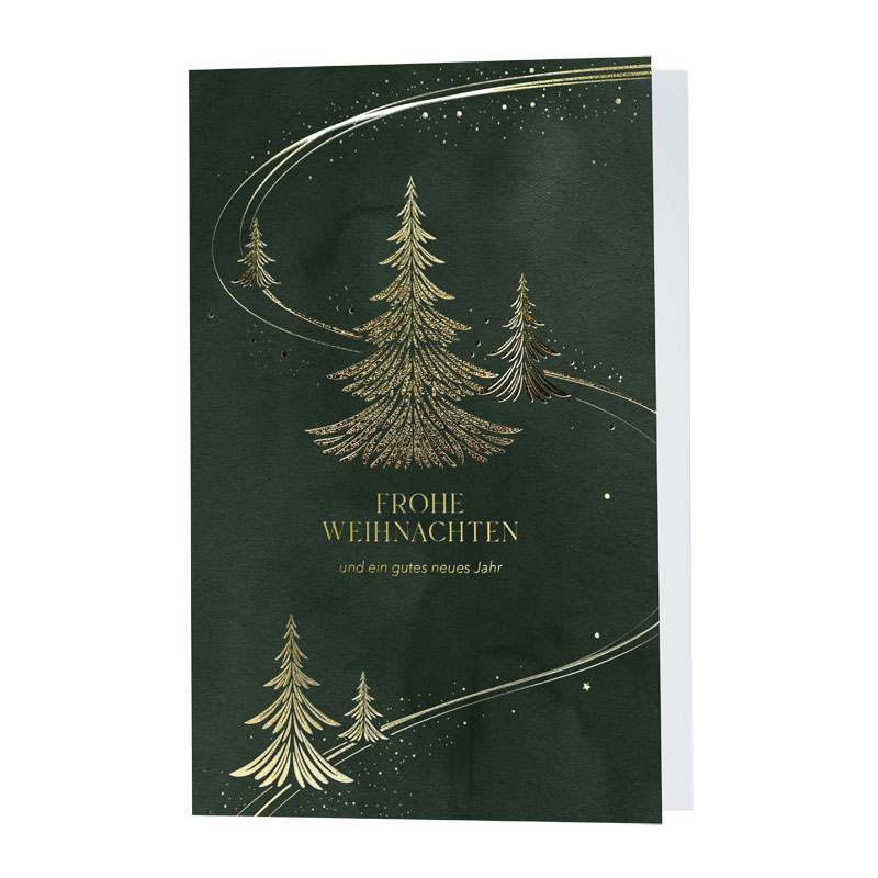 Elegante Weihnachtskarte in dunkelgrün mit Weihnachtsgrüßen und Tannenbäumen in edler Goldprägung