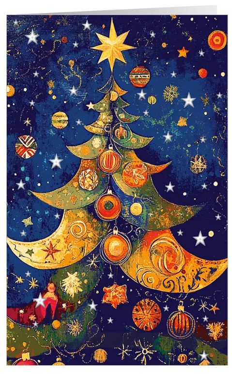 Fantasievolle und weihnachtliche Kunstkarte "Zauberhafte Festtage" mit Spende für Ärzte ohne Grenzen
