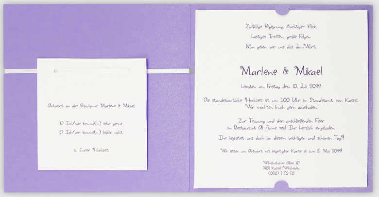 Hochzeitskarte quadratisch mit Brautpaar lavendel Folienprägung