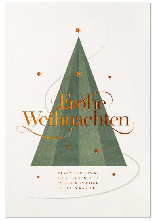 Mehrsprachige Weihnachtskarte "Green Tree" mit Goldfolienprägung und modern gestaltetem Weihnachtsbaum
