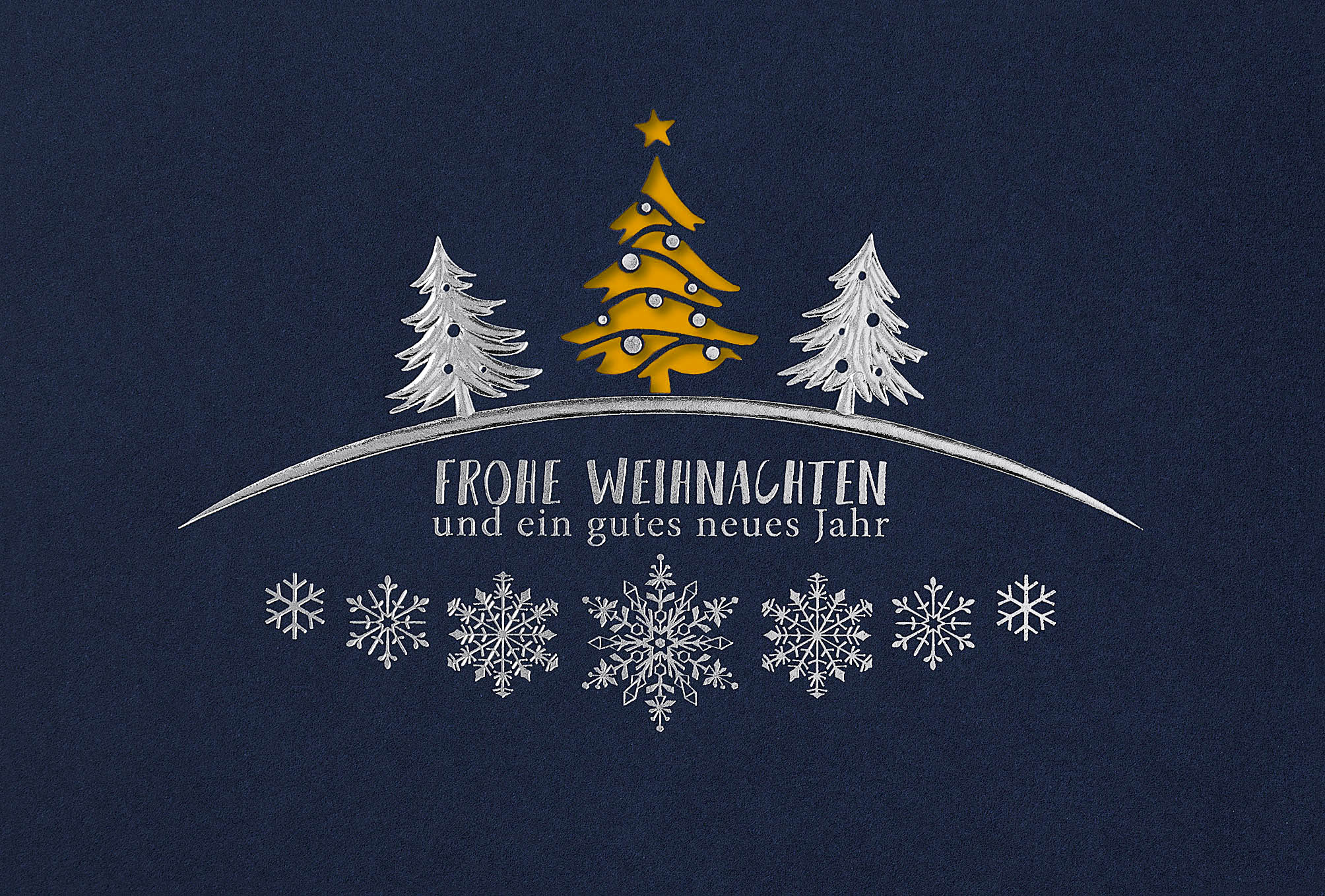 Dunkelblaue Weihnachtskarte mit Formstanzung und silberner Folienprägung mit Einleger in gelb