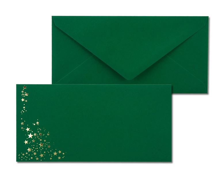 Weihnachts-Briefumschlag grün mit goldenen Sternen, nassklebend, ohne Fenster, DIN lang