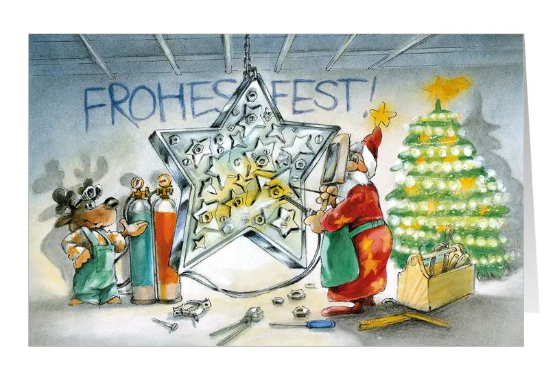 Witzige Branchenweihnachtskarte "Leuchtender Metallstern" für Metallbau, Schlosserei, Maschinenbau, Handwerksbetriebe