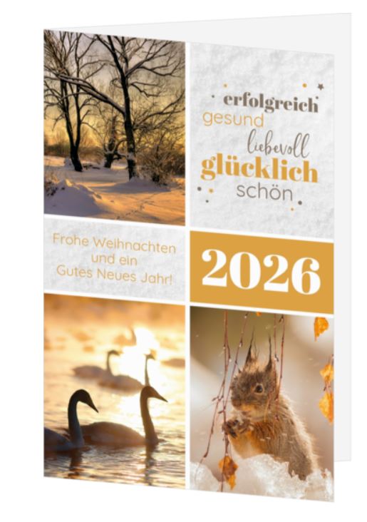 Natur-Weihnachtskarte mit Jahreszahl 2026 und Spendenanteil für Berggorilla & Regenwald Direkthilfe
