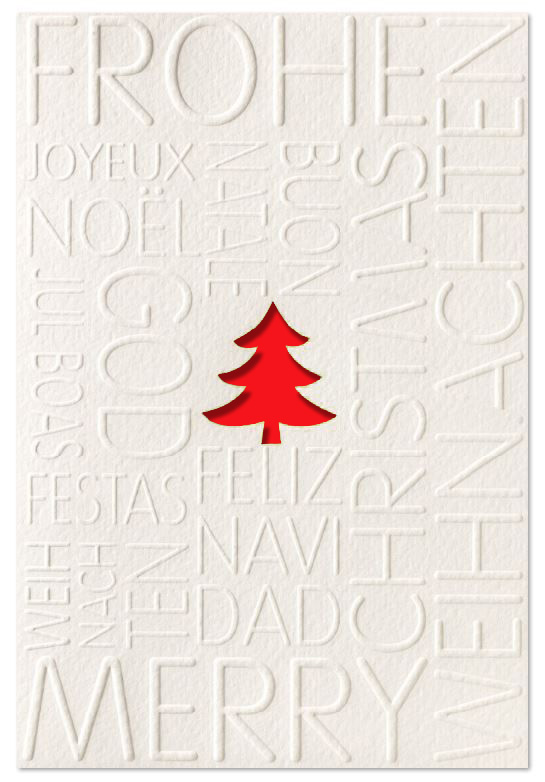 Stanz-Weihnachtskarte in weiß mit Baumstanzung und internationalen Grüßen für Deutsche Kinder-Krebs-Hilfe, Einleger rot
